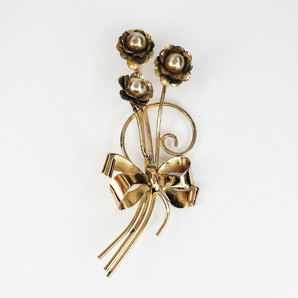 Vintage Brooch Sterling Silver 925 Flower Bow Pearl Vermeil Pin
